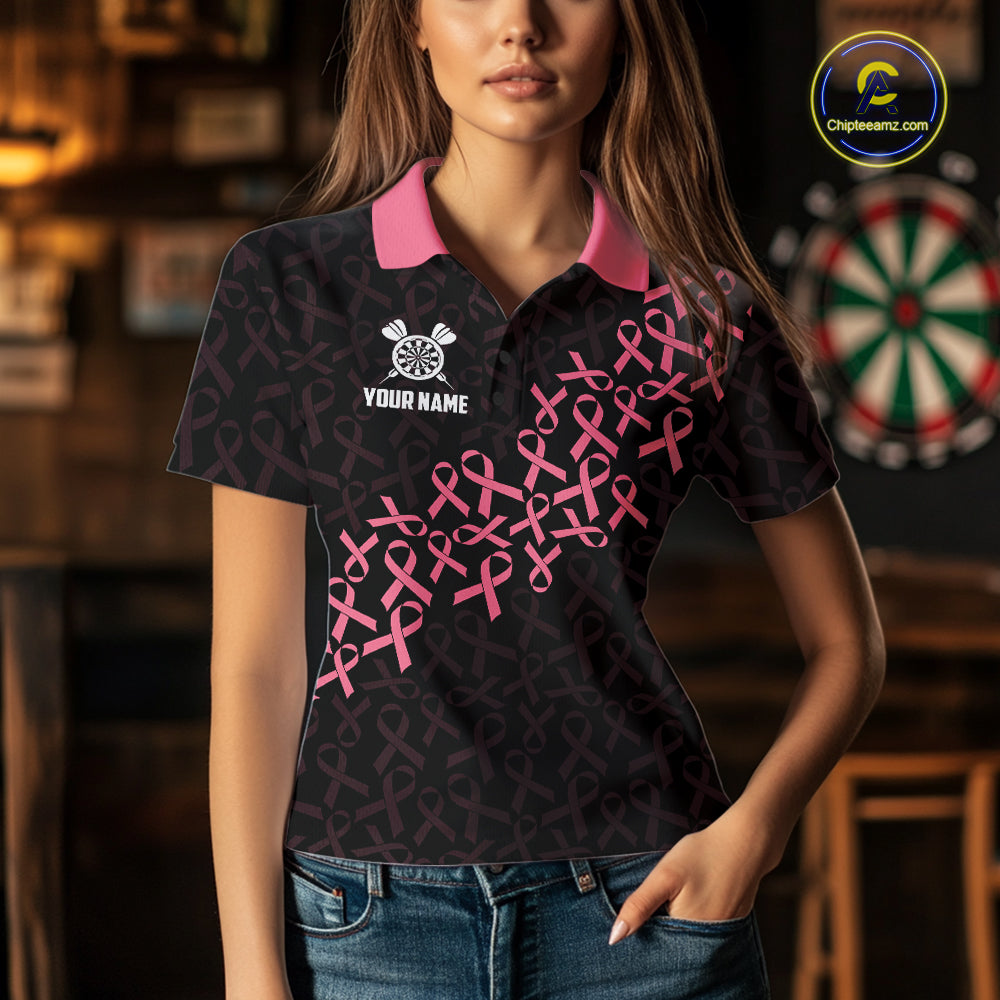 Woman Wearing Pink Ribbons American Flag Breast Cancer Awareness Darts Polo Shirt with Athletic Performance Fit and Patriotic Graphic Artwork, Front View