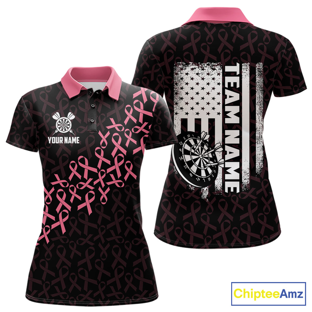 Pink Ribbons American Flag Breast Cancer Awareness Darts Polo Shirt for Women Featuring Patriotic Pink Ribbon Artwork for Dart League Players, Team Competition, and Awareness Tournaments