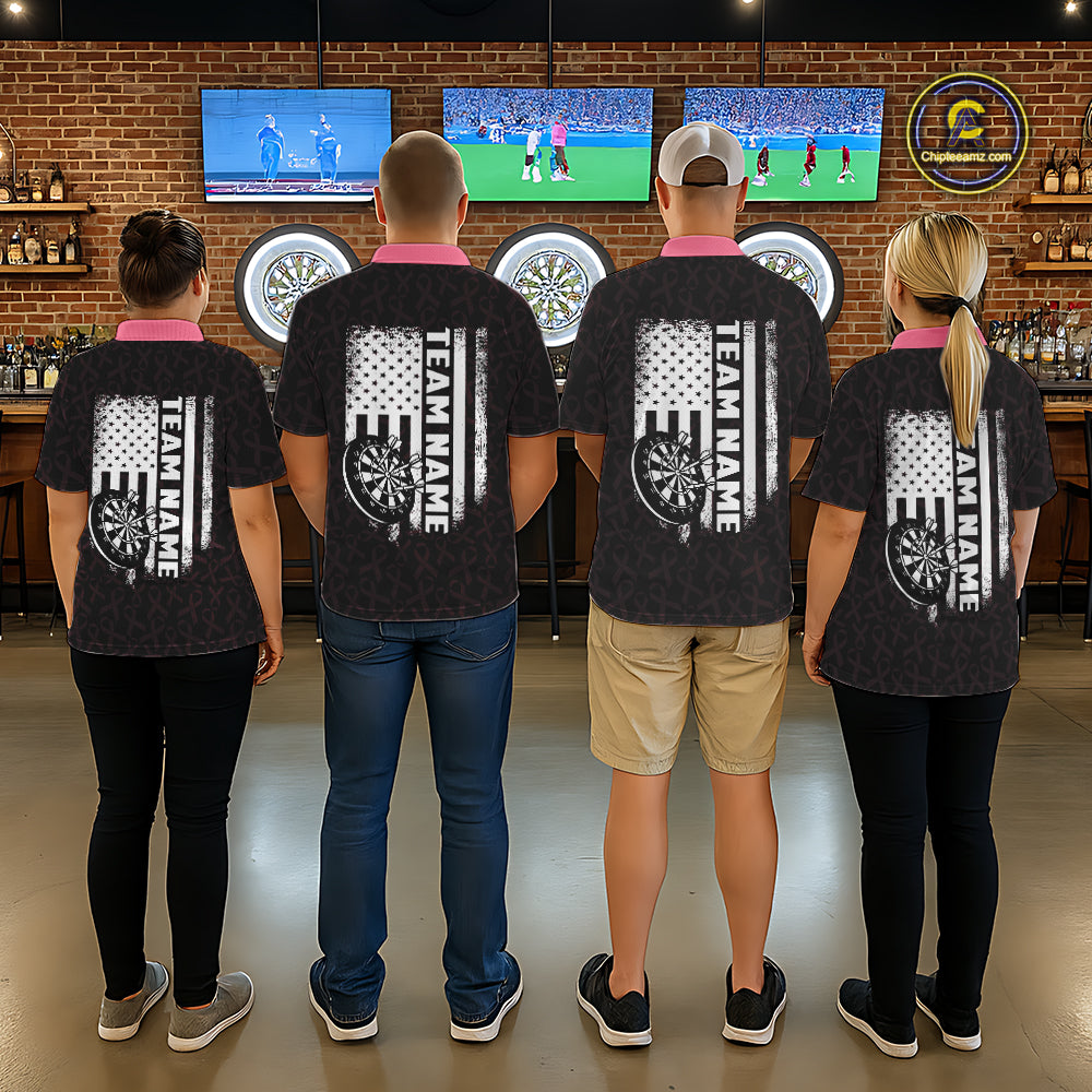 Dart Team Wearing Pink Ribbons American Flag Custom Darts Team Jerseys Featuring the Complete Back Artwork, Back View