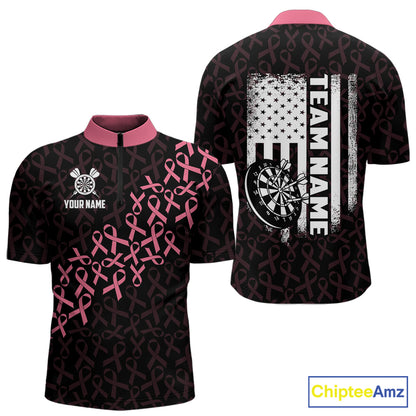 Pink Ribbons American Flag Breast Cancer Awareness Quarter Zip Darts Shirt for Men Created for Competitive Dart League Teams with Performance Fabric and Tournament Ready Team Design