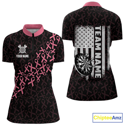 Pink Ribbons American Flag Breast Cancer Awareness Quarter Zip Darts Shirt for Women Created for Competitive Dart League Teams with Performance Fabric and Tournament Ready Team Design