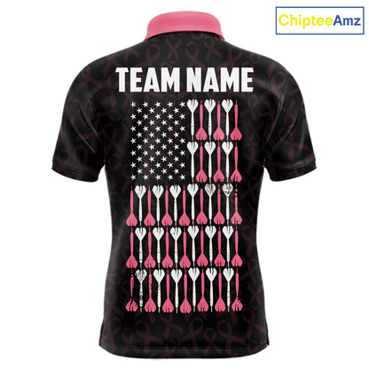 Custom Pink Ribbons Patriotic American Flag Darts Polo Shirt for Men Designed for Personalized Darts Team Jerseys with Premium Athletic Performance and Meaningful Breast Cancer Awareness Graphics
