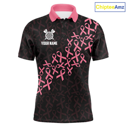 Pink Ribbons Patriotic American Flag Breast Cancer Awareness Darts Polo Shirt for Men Featuring Inspirational Pink Ribbon Artwork for Dart League Players, Team Competition, and Awareness Events