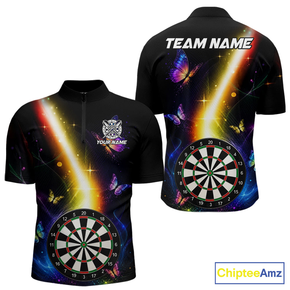 Personalized Glowing Light Butterfly Quarter Zip Darts Shirt for Men Created for Competitive Dart League Teams with Performance Fabric and Tournament Ready Comfort