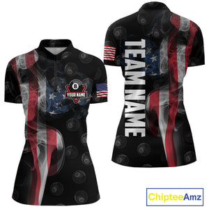Personalized Vintage Smoke US Flag Billiard Shirts For Women, 8 Ball Pool Patriotic Billiard Jerseys TDM4731
