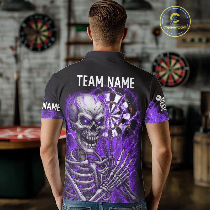 Purple Flaming Lightning Skeleton Darts Shirt For Men Custom Skull Dart Jersey Team Polo & 1/4 Zip TDM4739