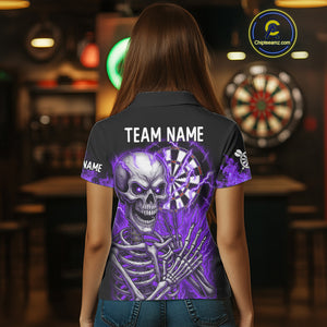 Purple Flaming Lightning Skeleton Darts Shirt For Women Custom Skull Dart Jersey Team Polo & 1/4 Zip TDM4739