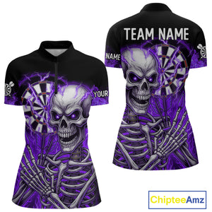 Purple Flaming Lightning Skeleton Darts Shirt For Women Custom Skull Dart Jersey Team Polo & 1/4 Zip TDM4739