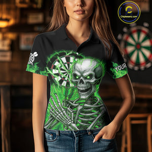 Green Flaming Lightning Skeleton Darts Shirt For Women Custom Skull Dart Jersey Team Polo & 1/4 Zip TDM4740