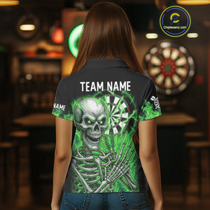 Green Flaming Lightning Skeleton Darts Shirt For Women Custom Skull Dart Jersey Team Polo & 1/4 Zip TDM4740