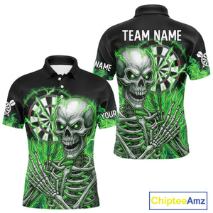 Green Flaming Lightning Skeleton Darts Shirt For Men Custom Skull Dart Jersey Team Polo & 1/4 Zip TDM4740