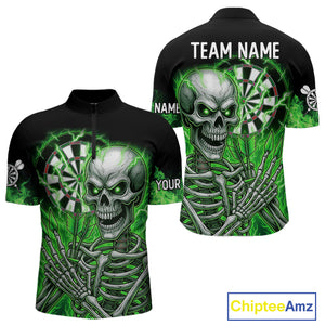 Green Flaming Lightning Skeleton Darts Shirt For Men Custom Skull Dart Jersey Team Polo & 1/4 Zip TDM4740