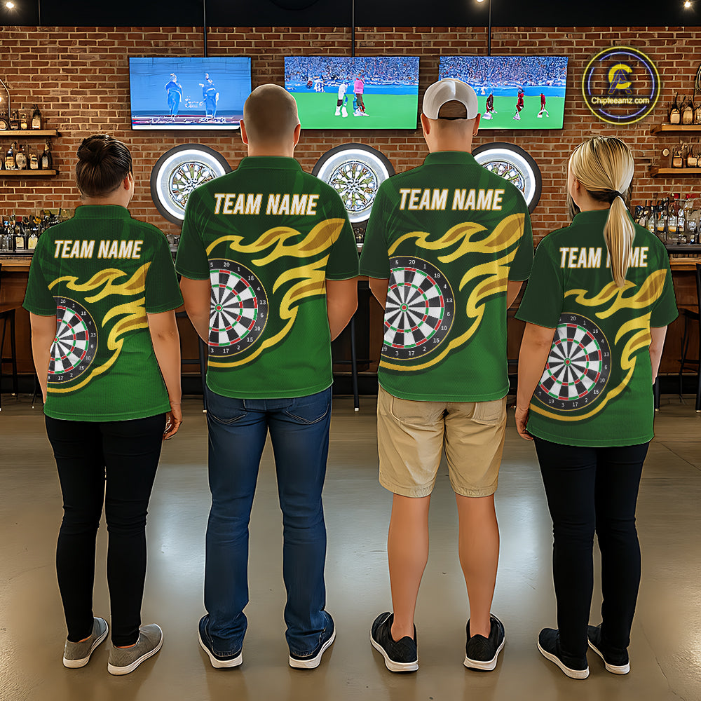 Personalized Green Dartboard Flame Gold Darts Shirt For Women, Darts Jersey Team Polo & 1/4 Zip TDM5872