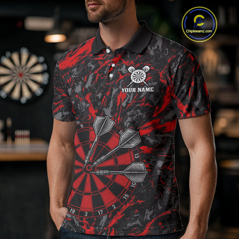 Custom Black And Red Grunge Camo Dart Shirts For Men, Camouflage Dart Team Jersey Polo & 1/4 Zip TDM3959