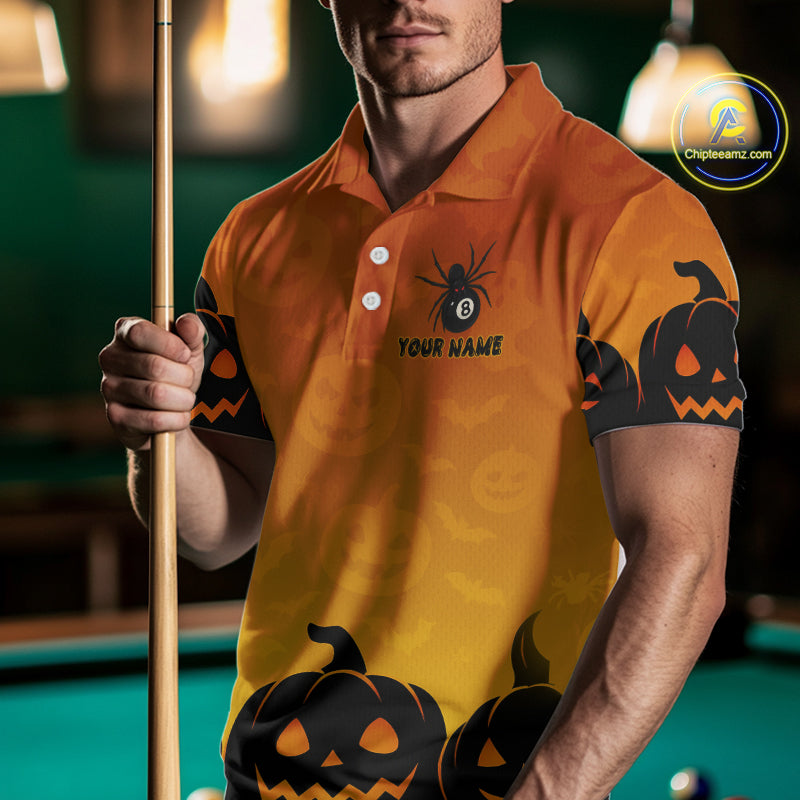 Personalized Orange Black Funny Pumpkin Billiard Shirt For Men Custom Halloween Pool Team Jersey TDM4510