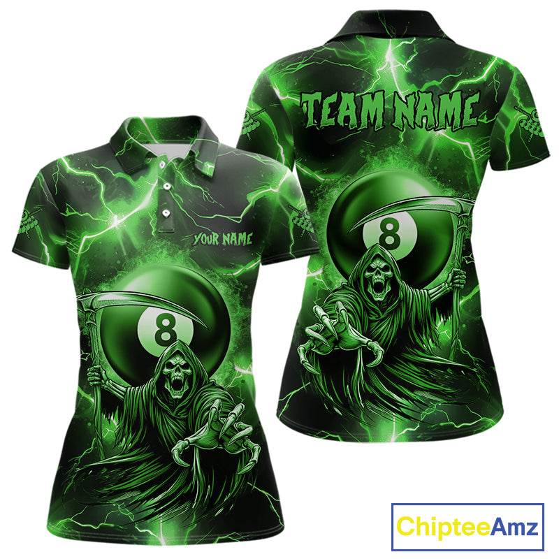 Green Grim Reaper 8 Ball Billiard Shirt For Women Custom Funny Thunder Lightning Pool Team Jersey TDM4936