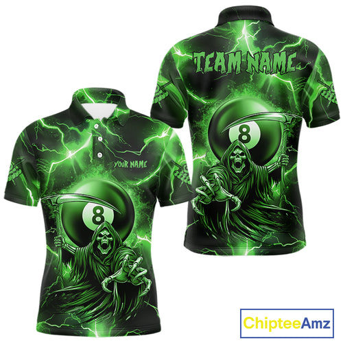 Green Grim Reaper 8 Ball Billiard Shirt For Men Custom Funny Thunder Lightning Pool Team Jersey TDM4936