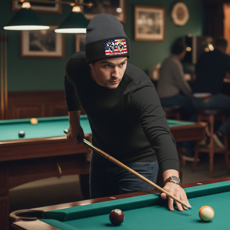 Funny Skull 8&9 Ball Billiard Knit Beanie Hat Rectangle Patch Custom US Flag Pool Player Knit Hat TDM4942
