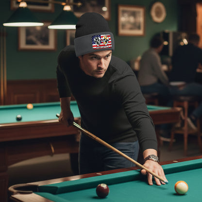 Funny Skull 8&9 Ball Billiard Knit Beanie Hat Rectangle Patch Custom US Flag Pool Player Knit Hat TDM4942