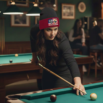 Funny Skull 8&9 Ball Billiard Knit Beanie Hat Rectangle Patch Custom US Flag Pool Player Knit Hat TDM4942