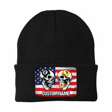 Load image into Gallery viewer, Funny Skull 8&amp;9 Ball Billiard Knit Beanie Hat Rectangle Patch Custom US Flag Pool Player Knit Hat TDM4942