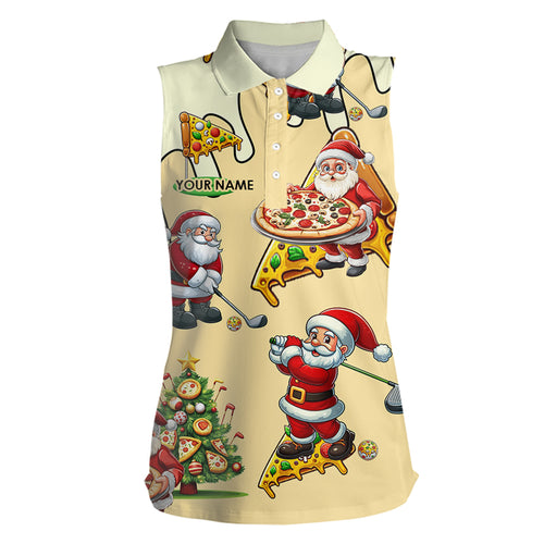Funny Christmas Santa Pizza Women Sleeveless Golf Polo Shirts Custom Xmas Golf Gift For Golfers TDM3158