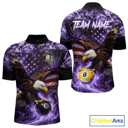 Purple Flaming Eagle 8 & 9 Ball Billiard Shirt For Men Custom US Flag Pool Jersey Polo, 1/4 Zip TDM6249