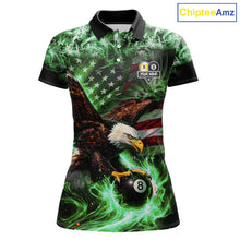 Load image into Gallery viewer, Green Flaming Eagle 8 &amp; 9 Ball Billiard Shirt For Women Custom US Flag Pool Jersey Polo, 1/4 Zip TDM6250
