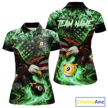 Load image into Gallery viewer, Green Flaming Eagle 8 &amp; 9 Ball Billiard Shirt For Women Custom US Flag Pool Jersey Polo, 1/4 Zip TDM6250