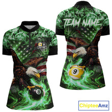 Load image into Gallery viewer, Green Flaming Eagle 8 &amp; 9 Ball Billiard Shirt For Women Custom US Flag Pool Jersey Polo, 1/4 Zip TDM6250