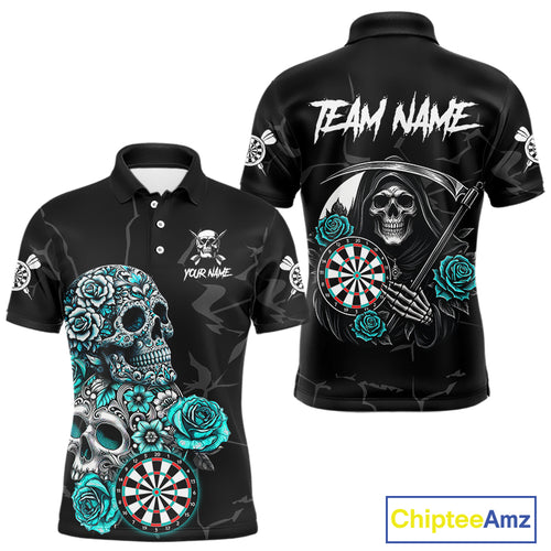 Personalized Funny Turquoise Skull Roses Darts Shirt For Men Custom Darts Team Jersey, Dart Outfit TDM4143