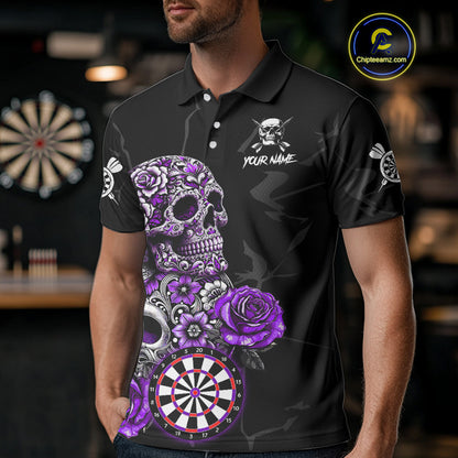 Personalized Funny Purple Skull Roses Darts Shirt For Men Custom Darts Team Jersey, Darts Outfit TDM4144