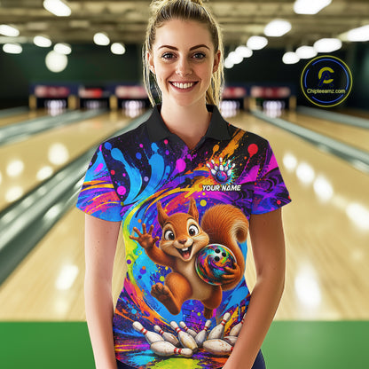 Woman wearing funny pizza colorful bowling team jersey polo shirt featuring funny pizza bowling artwork, front view.
