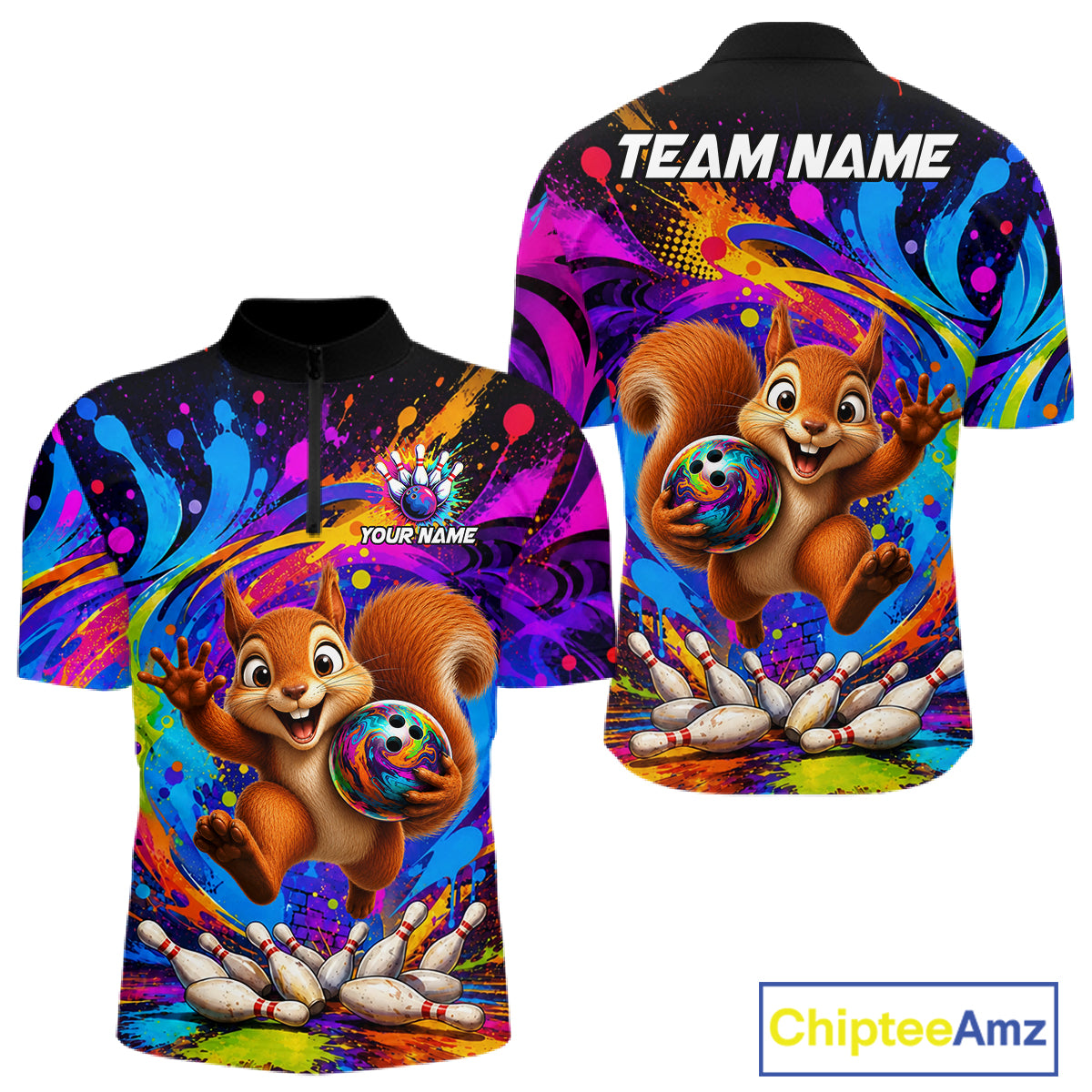Funny squirrel colorful bowling team jersey quarter zip shirt for men featuring colorful squirrel bowling artwork, premium custom bowling apparel.