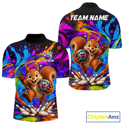 Funny squirrel colorful bowling team jersey quarter zip shirt for men featuring colorful squirrel bowling artwork, premium custom bowling apparel.