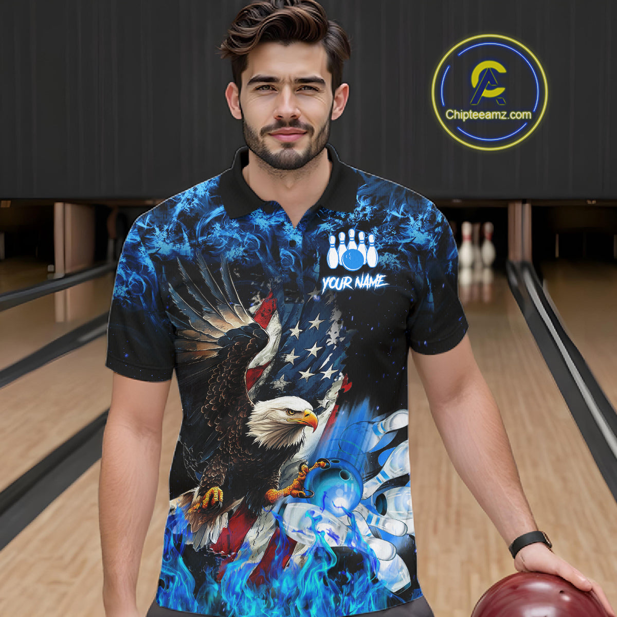 Man wearing blue flame American flag eagle bowling team jersey polo shirt featuring patriotic eagle and American flag artwork, front view.