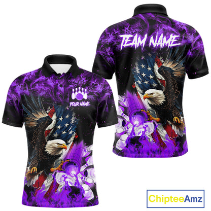 Purple flame American flag eagle bowling team jersey polo shirt for men featuring a patriotic eagle and USA flag design, premium custom bowling league apparel for tournaments and team play.