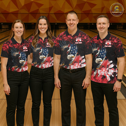 Bowling team wearing matching red flame American flag eagle bowling team jerseys, front view.