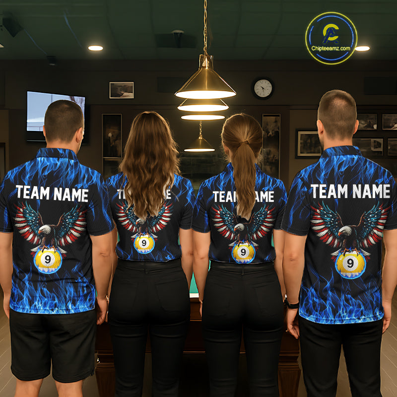 Blue Flaming American Flag Eagle 8 Ball & 9 Ball Billiard Shirt For Men Custom Pool Team Jersey TDM5652