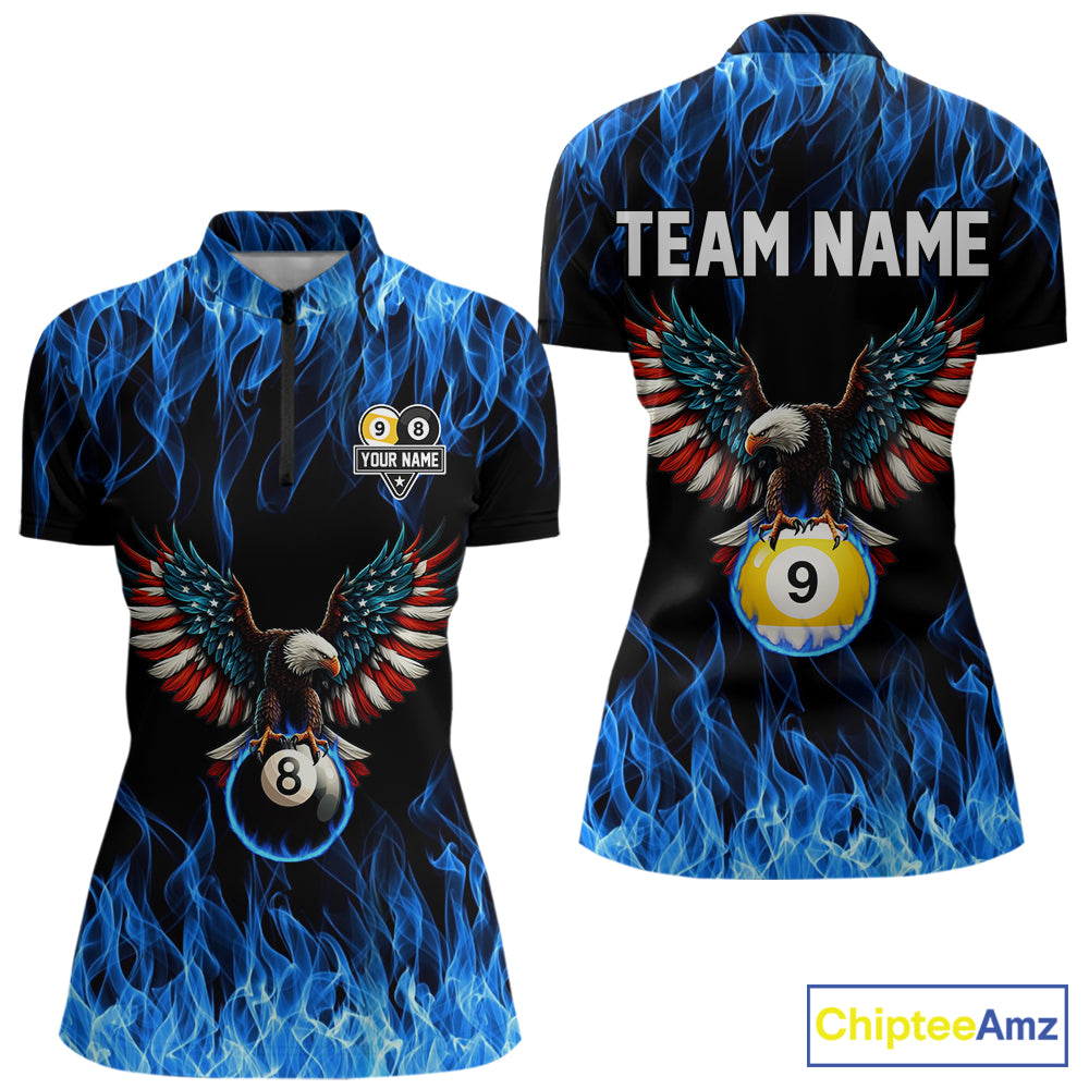 Blue Flaming American Flag Eagle 8 Ball & 9 Ball Billiard Shirt For Women Custom Pool Team Jersey TDM5652