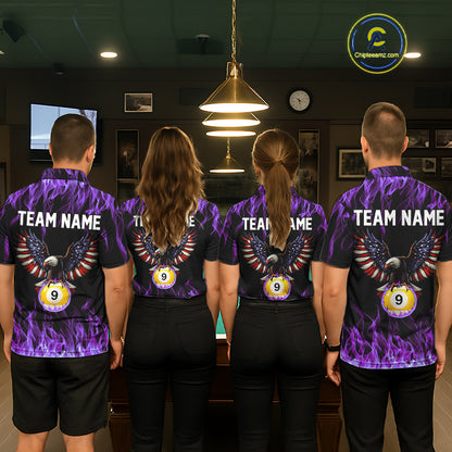 Purple Flaming American Flag Eagle 8 Ball & 9 Ball Billiard Shirt For Men Custom Pool Team Jersey TDM5653
