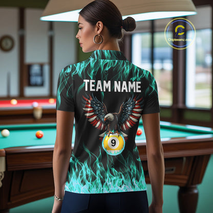 Turquoise Flaming American Flag Eagle 8 Ball 9 Ball Billiard Shirt For Women Custom Pool Team Jersey TDM5654