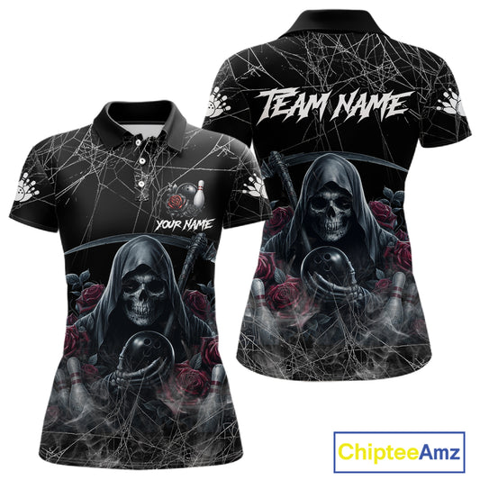 Grim Reaper And Roses Custom Bowling Shirt For Women, Bowling Team Jersey Polo & Quarter Zip TDM6272