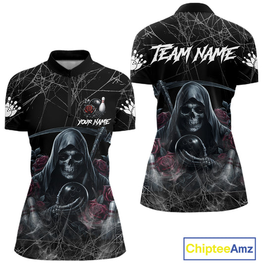 Grim Reaper And Roses Custom Bowling Shirt For Women, Bowling Team Jersey Polo & Quarter Zip TDM6272
