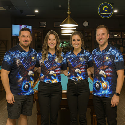 Blue Flaming Eagle 8 Ball 9 Ball Pool Billiard Shirt For Women Custom American Flag Billiard Jersey TDM7161