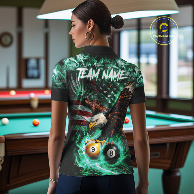 Turquoise Flaming Eagle 8 Ball 9 Ball Pool Billiard Shirt For Women Custom US Flag Billiard Jersey TDM7162