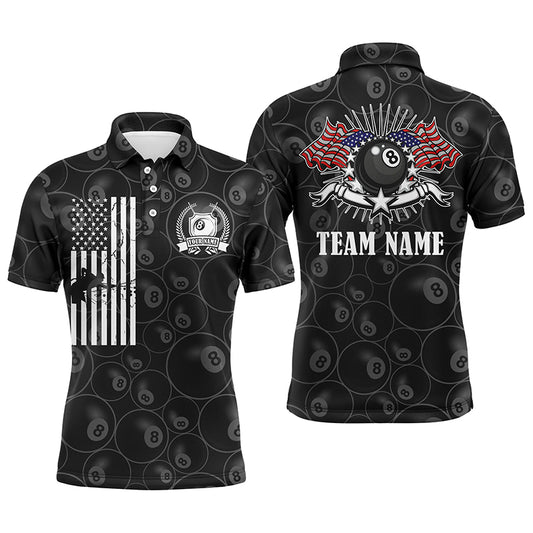 Customized Billiards Polo Shirts For Men, 8 Ball Billiards Pattern American Flag Patriotic Shirts TDM0070