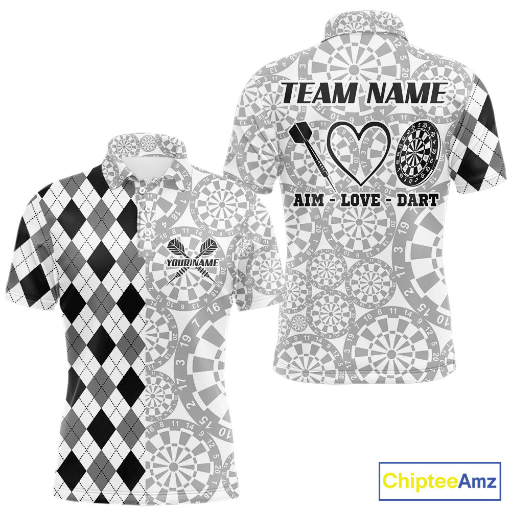 Aim Love Darts Custom Black Argyle Men Darts Polo & 1/4 Shirt, Funny Darts Shirts Dart Team Jersey TDM5662