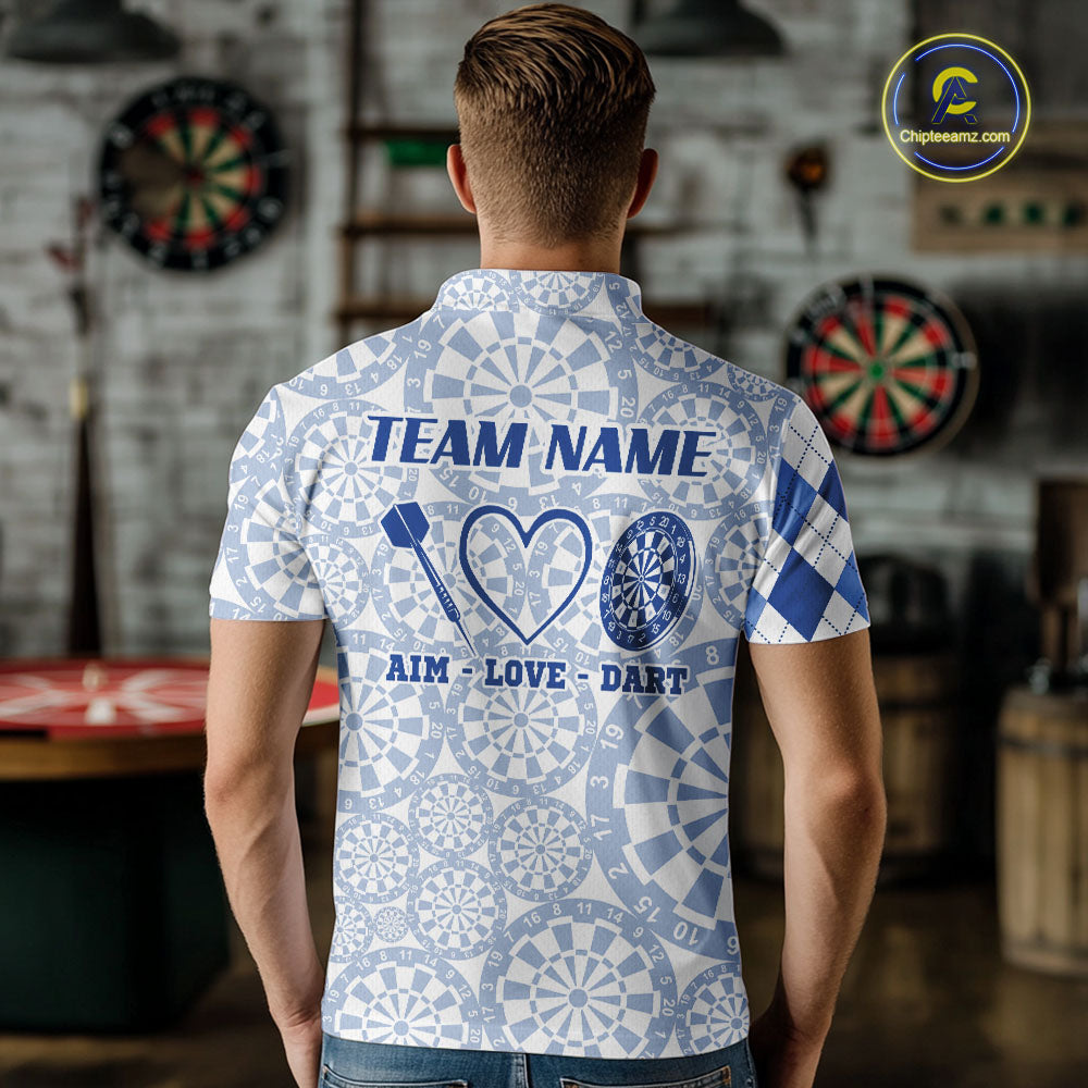 Aim Love Darts Custom Blue Argyle Men Darts Polo & 1/4 Shirts, Funny Darts Shirts Dart Team Jersey TDM5663