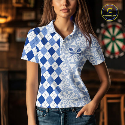 Aim Love Darts Custom Blue Argyle Women Darts Polo & 1/4 Shirts, Funny Darts Shirts Dart Team Jersey TDM5663